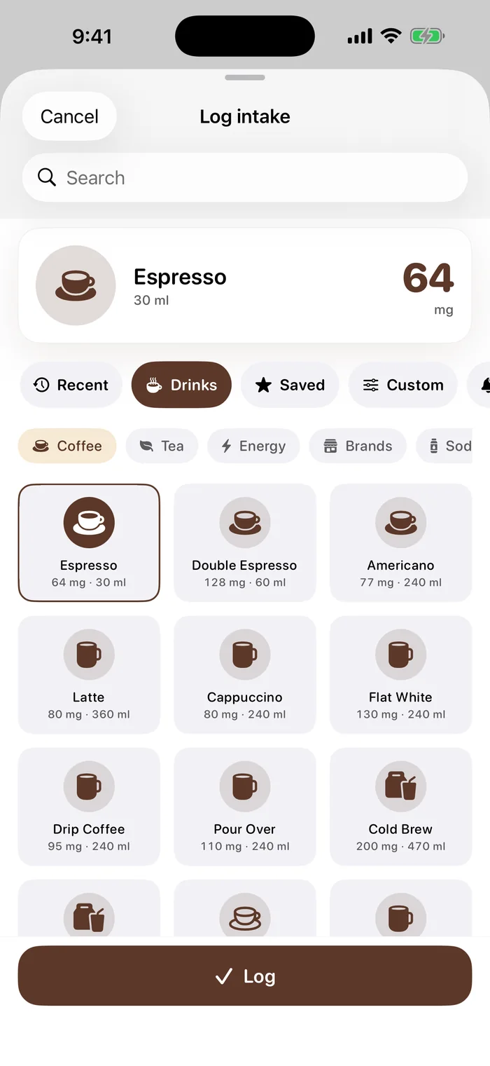 BrewPrint log sheet: pick a coffee, tea, or energy drink and log it in seconds.