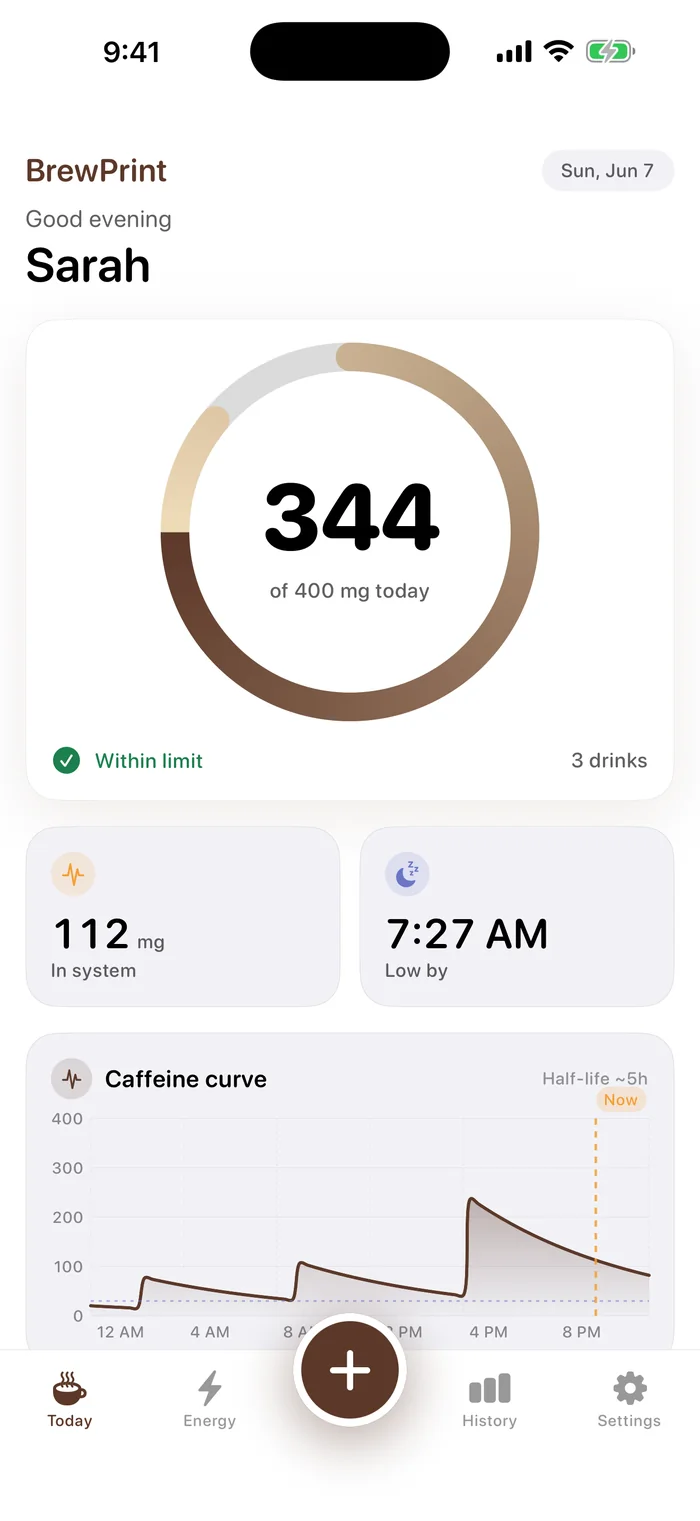 BrewPrint Today screen: 344 of 400 mg caffeine today, within limit, with the live caffeine curve.
